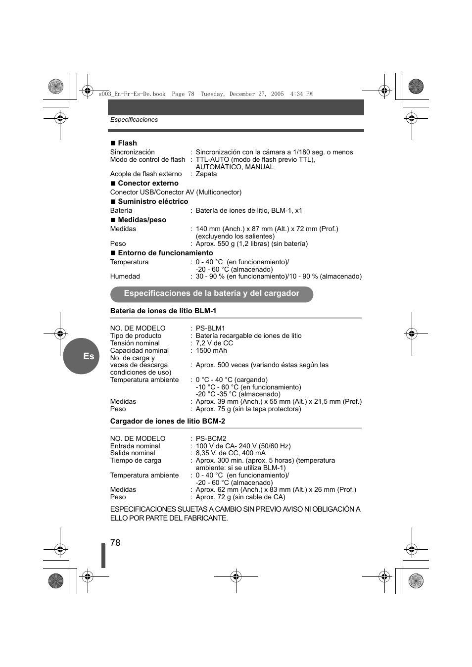 Especificaciones de la batería y del cargador | Olympus EVOLT E-330 User Manual | Page 78 / 116