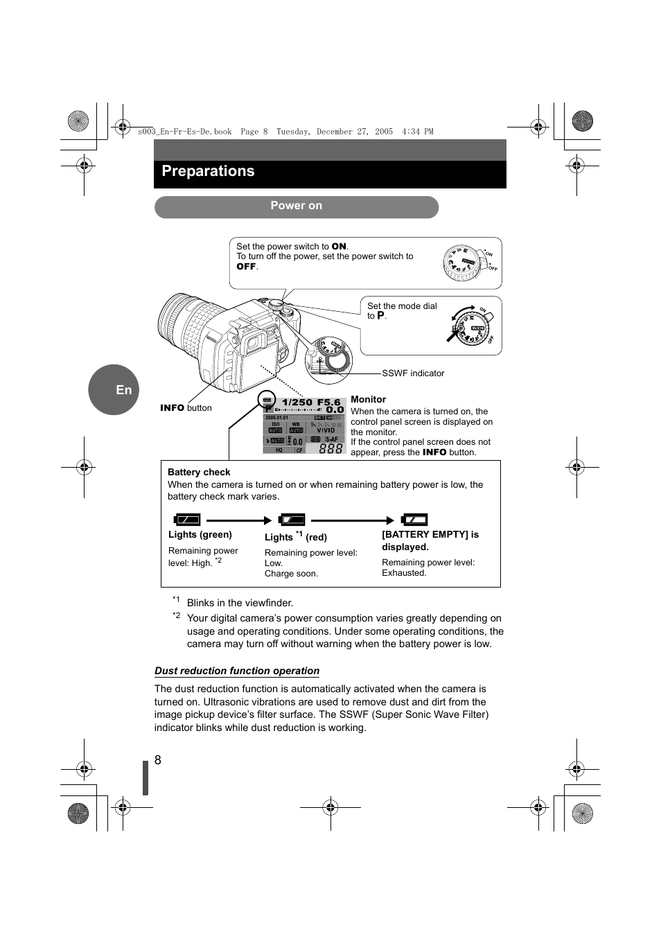 Preparations, Power on | Olympus EVOLT E-330 User Manual | Page 8 / 116