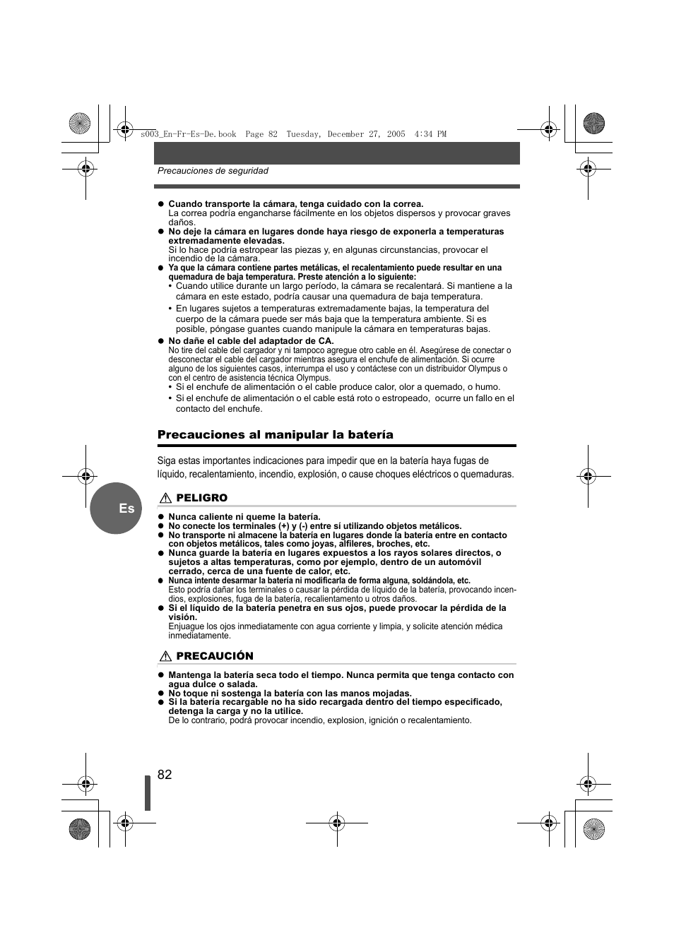 Precauciones al manipular la batería | Olympus EVOLT E-330 User Manual | Page 82 / 116