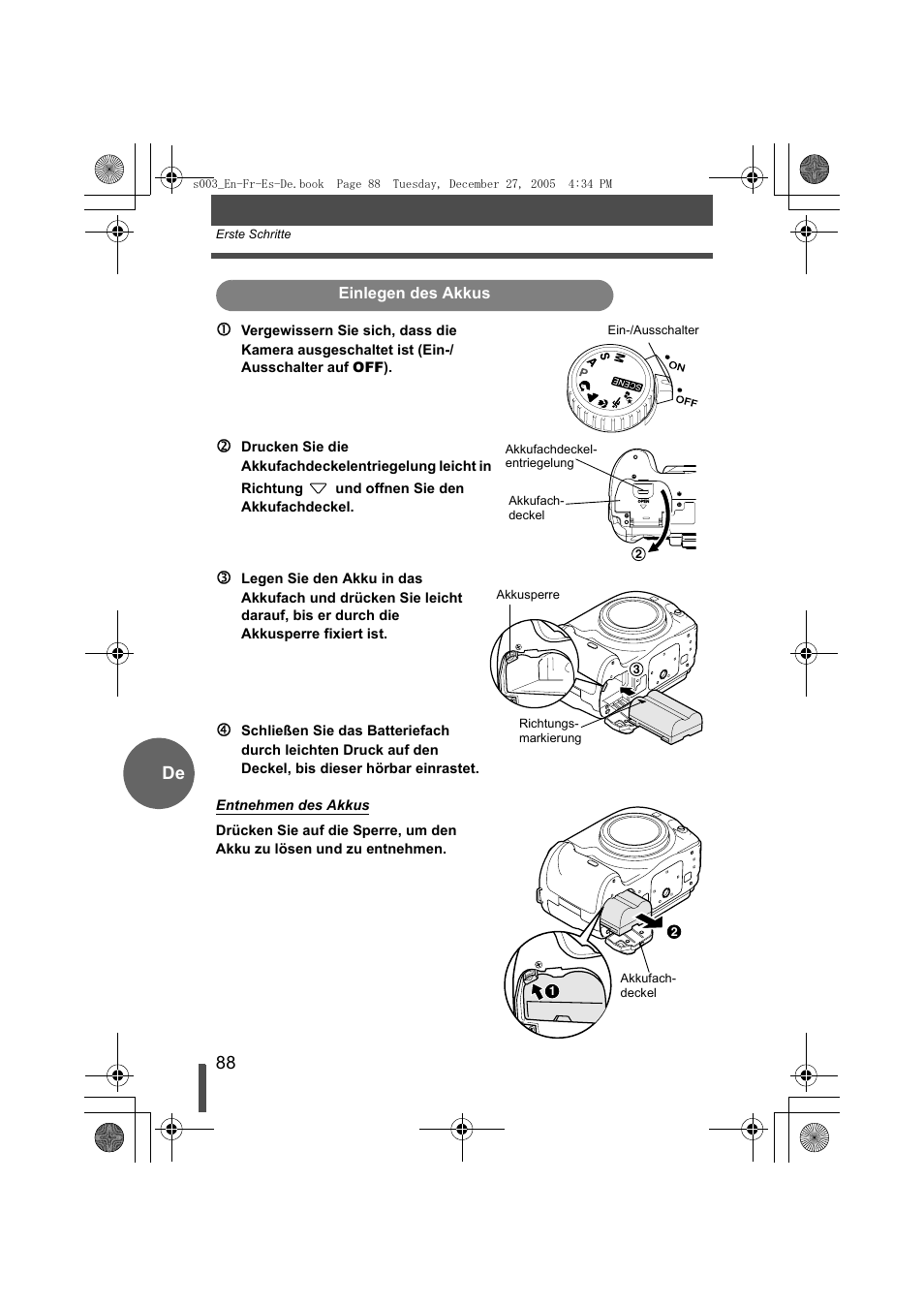 Einlegen des akkus, De 1 | Olympus EVOLT E-330 User Manual | Page 88 / 116