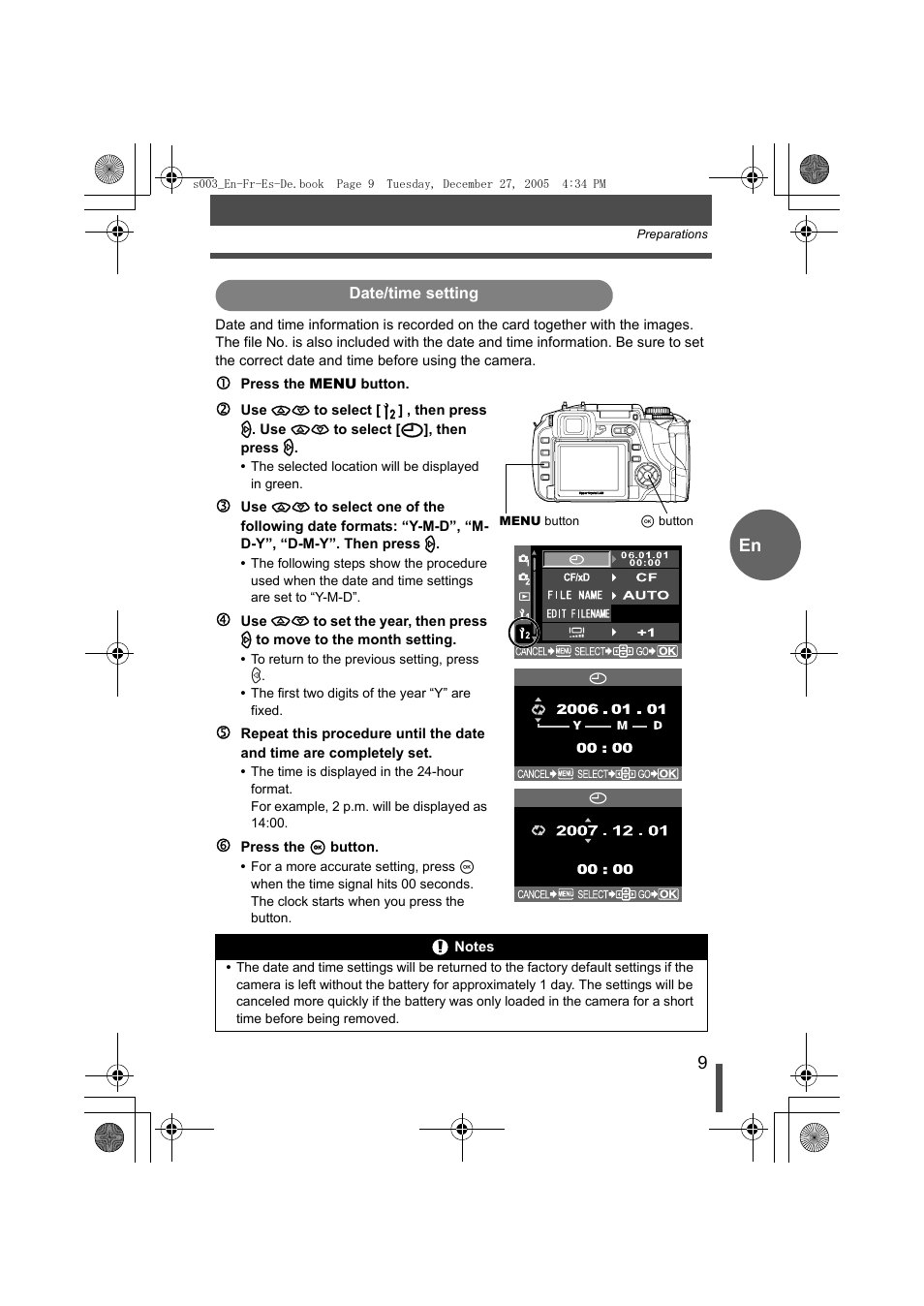 Date/time setting | Olympus EVOLT E-330 User Manual | Page 9 / 116