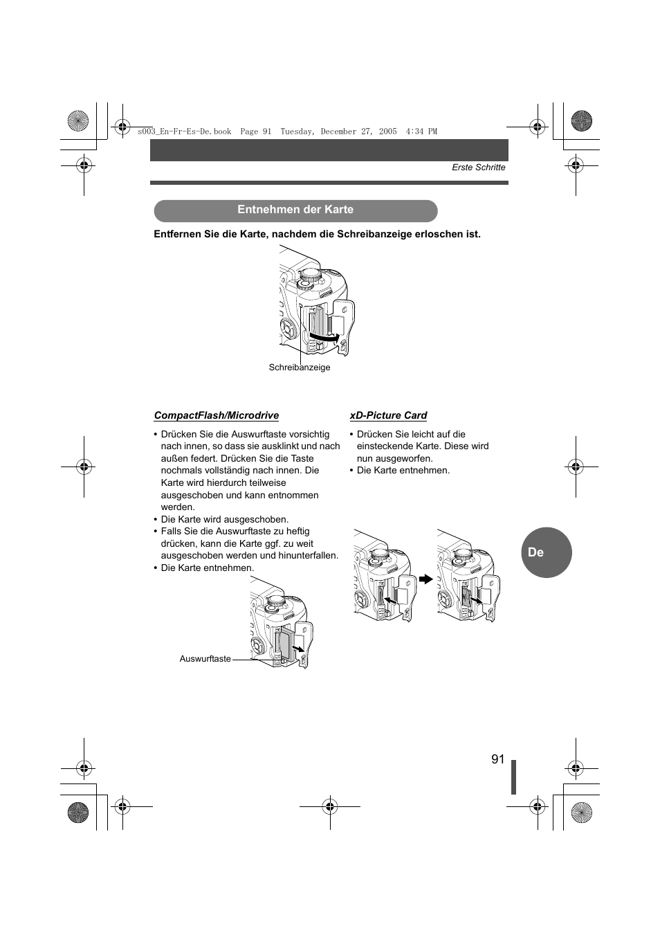 Entnehmen der karte | Olympus EVOLT E-330 User Manual | Page 91 / 116