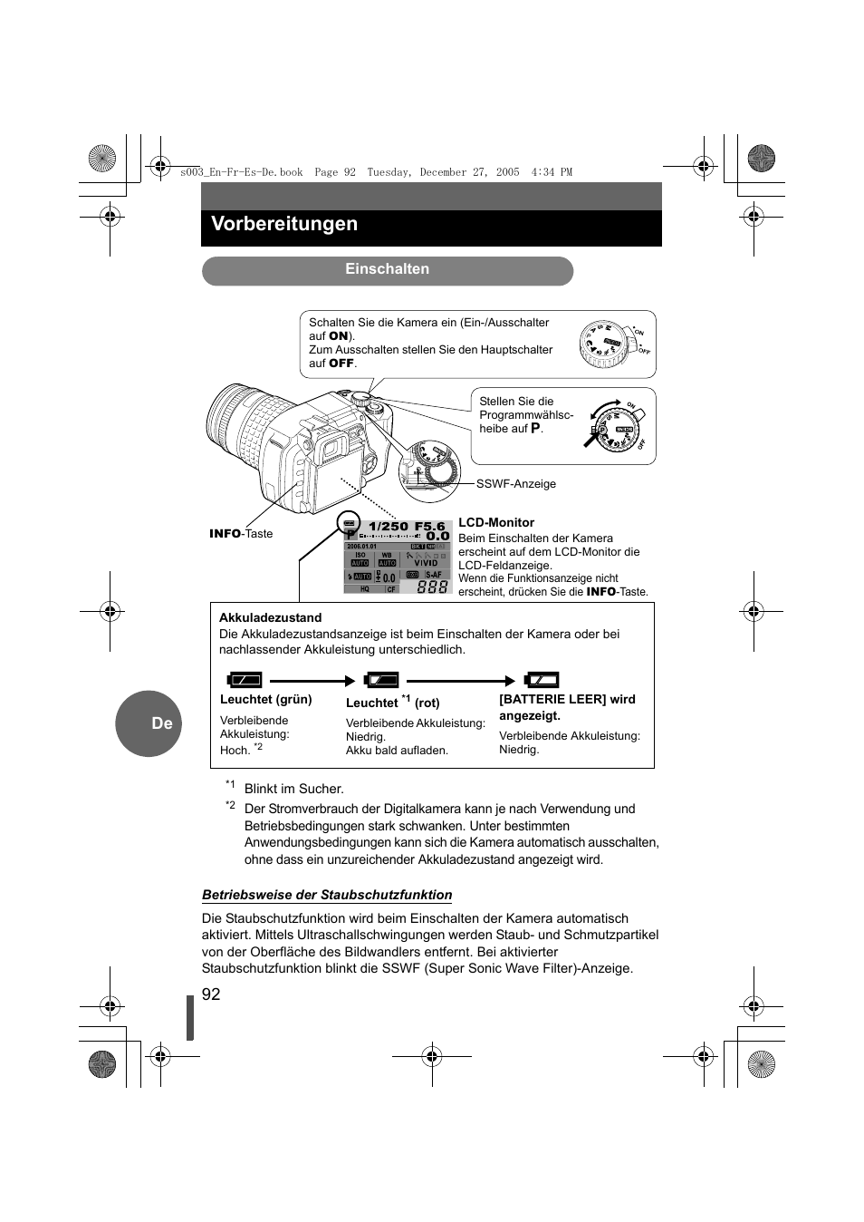 Vorbereitungen, Einschalten, 92 de | Olympus EVOLT E-330 User Manual | Page 92 / 116
