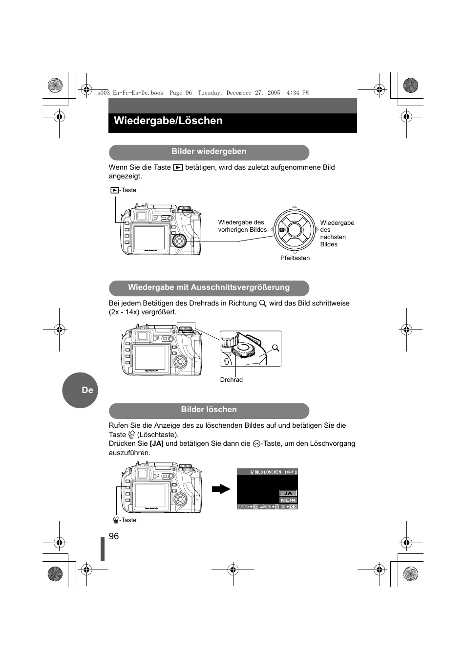 Wiedergabe/löschen, Bilder wiedergeben, Wiedergabe mit ausschnittsvergrößerung | Bilder löschen, 96 de | Olympus EVOLT E-330 User Manual | Page 96 / 116