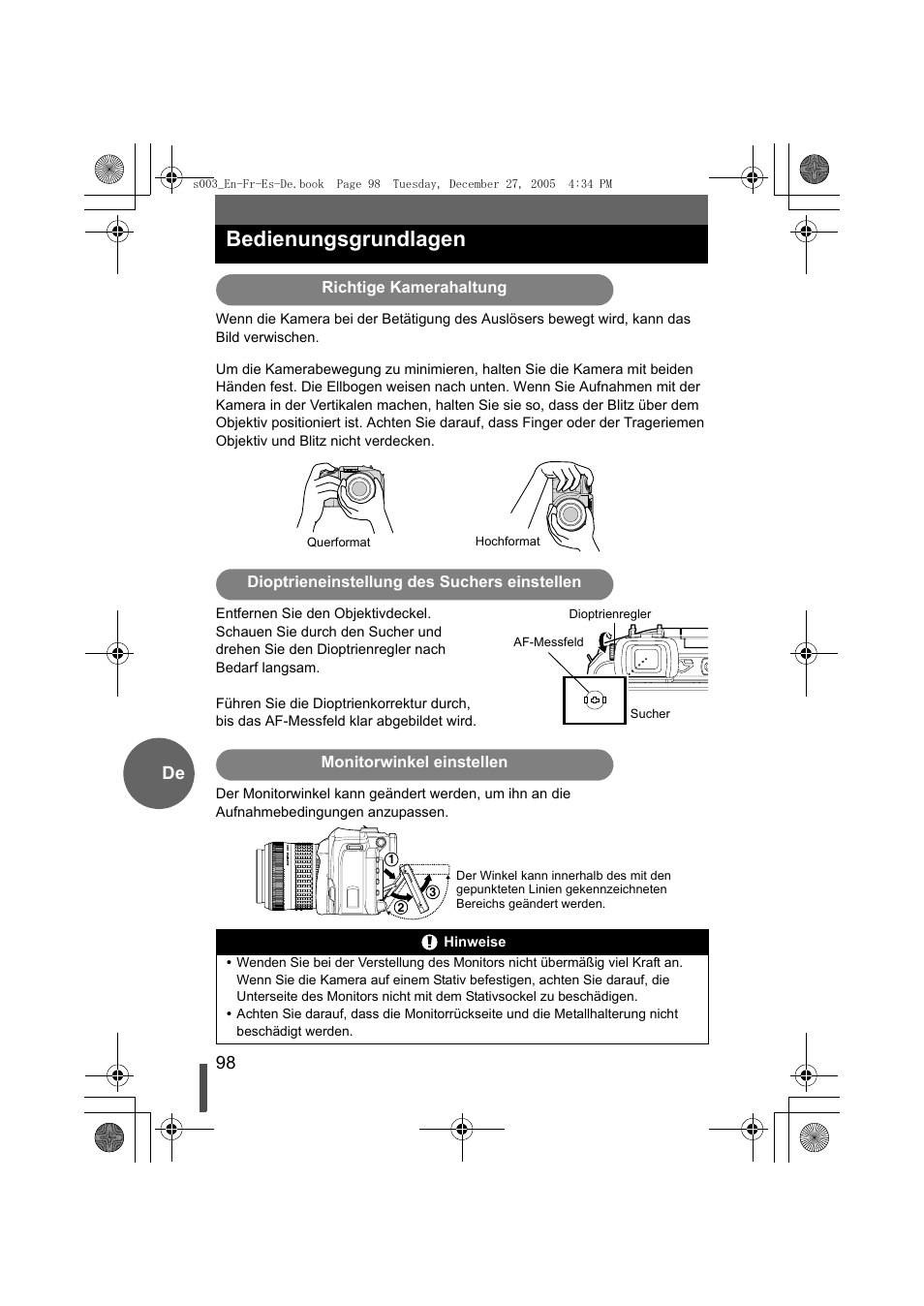Bedienungsgrundlagen, Richtige kamerahaltung, Dioptrieneinstellung des suchers einstellen | Monitorwinkel einstellen, 98 de | Olympus EVOLT E-330 User Manual | Page 98 / 116