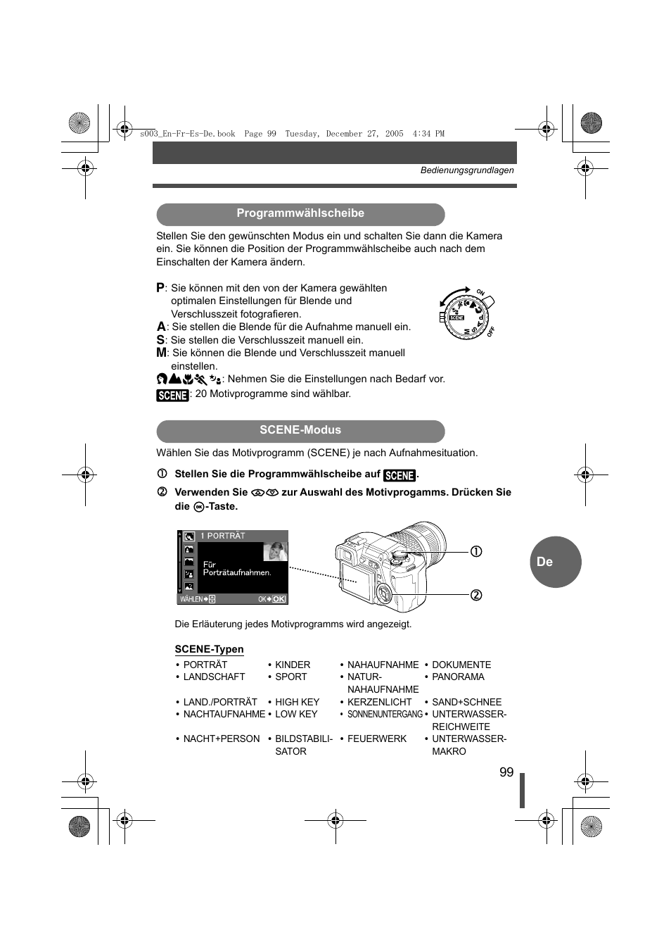 Programmwählscheibe, Scene-modus | Olympus EVOLT E-330 User Manual | Page 99 / 116