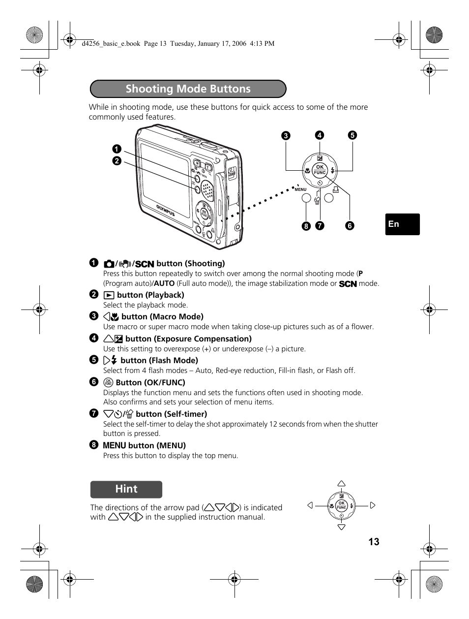 Shooting mode buttons, Hint | Olympus Stylus 720 SW User Manual | Page 13 / 84