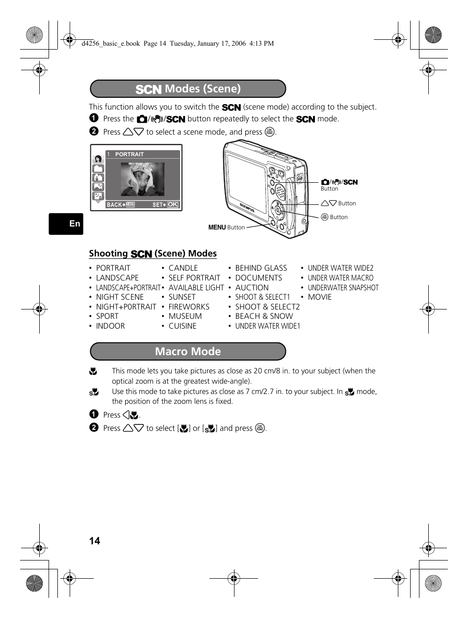 S modes (scene), Macro mode | Olympus Stylus 720 SW User Manual | Page 14 / 84