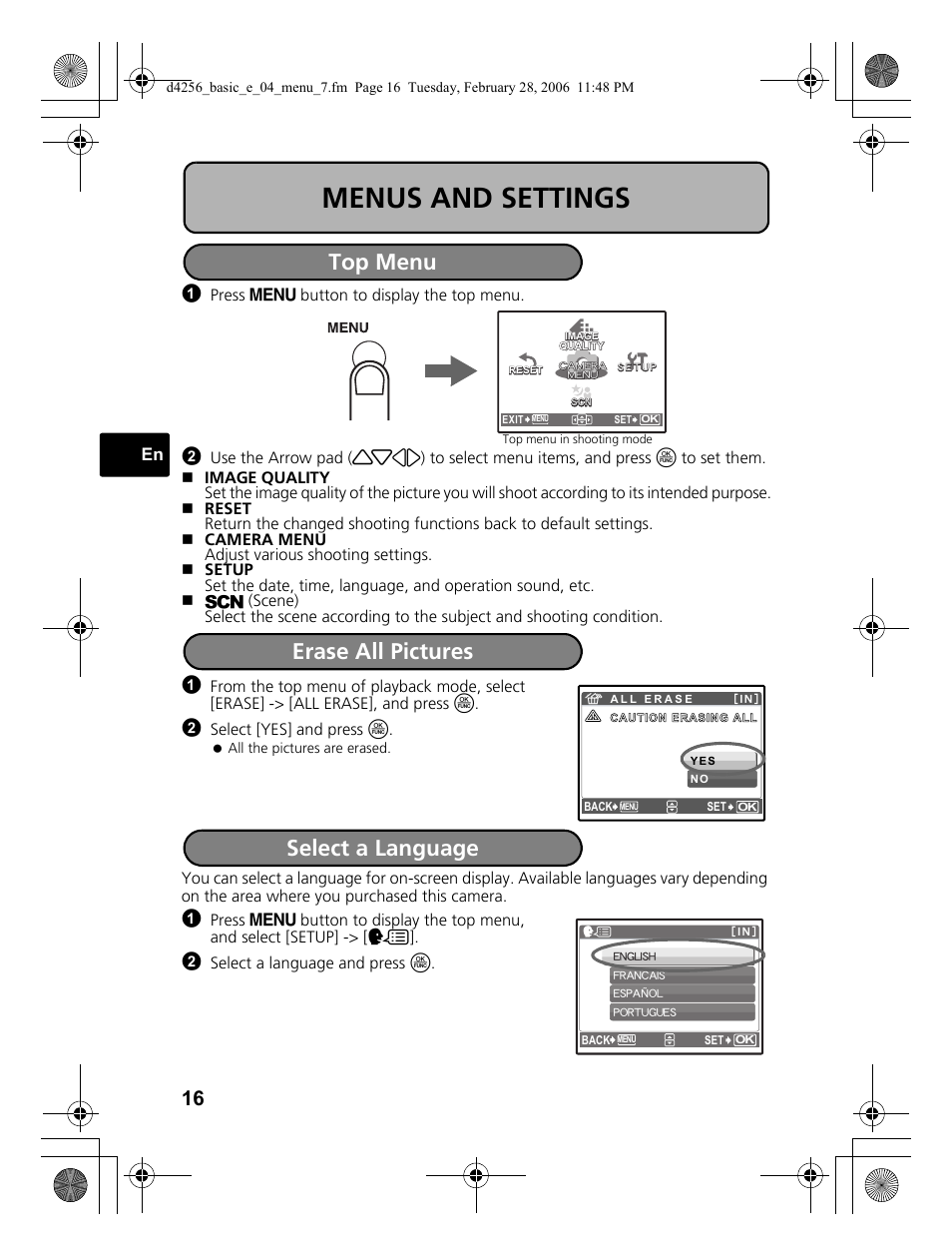 Menus and settings, Top menu, Erase all pictures | Select a language | Olympus Stylus 720 SW User Manual | Page 16 / 84