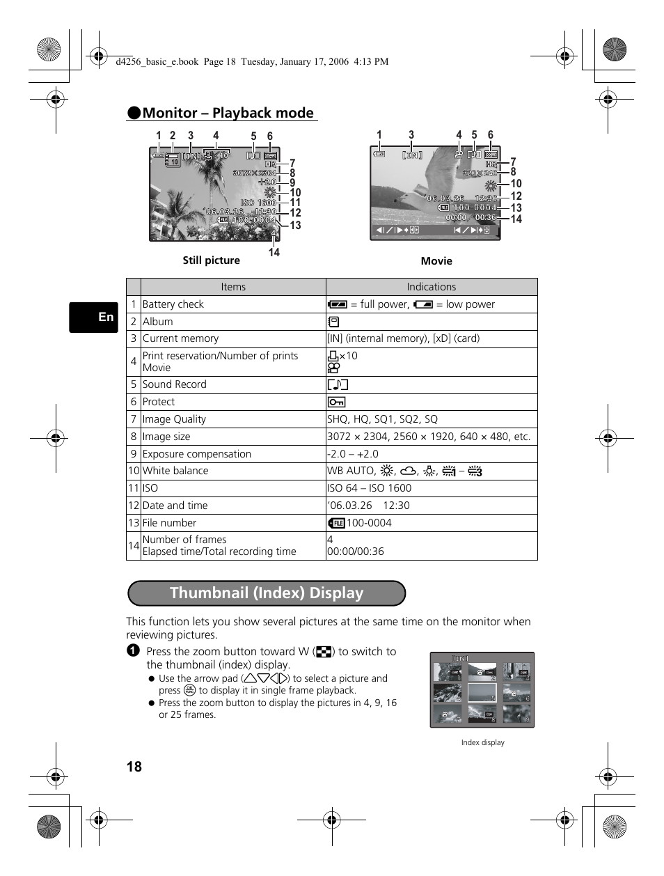 Thumbnail (index) display, Monitor – playback mode | Olympus Stylus 720 SW User Manual | Page 18 / 84