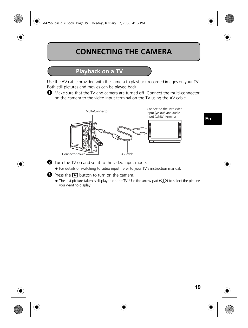 Connecting the camera, Playback on a tv | Olympus Stylus 720 SW User Manual | Page 19 / 84