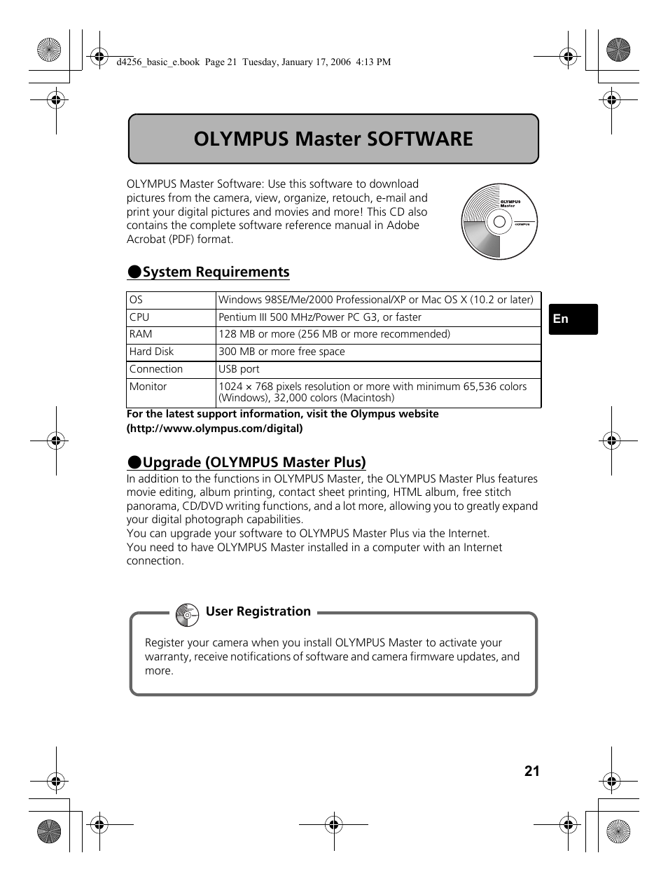 Olympus master software, System requirements, Upgrade (olympus master plus) | Olympus Stylus 720 SW User Manual | Page 21 / 84
