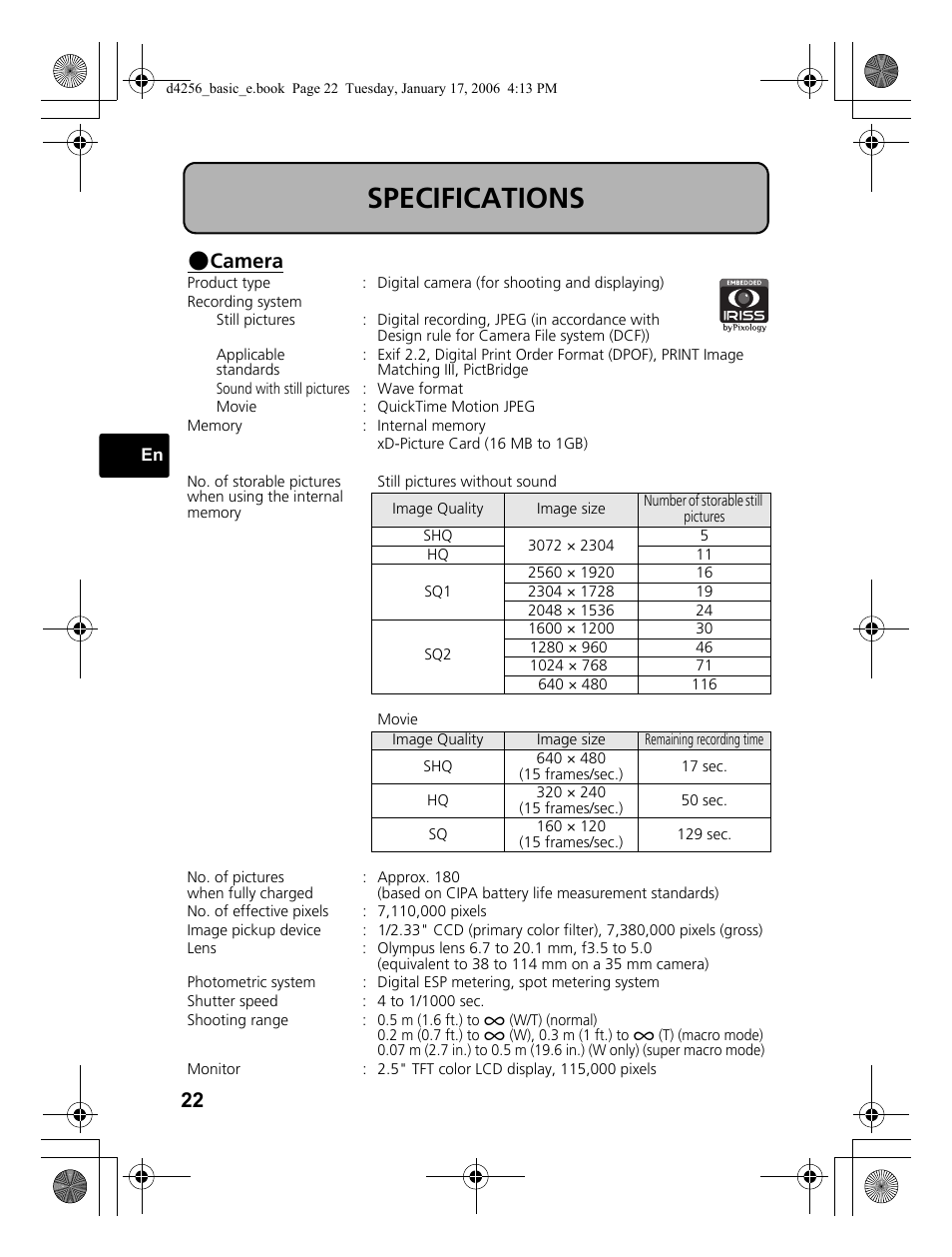 Specifications, Camera | Olympus Stylus 720 SW User Manual | Page 22 / 84