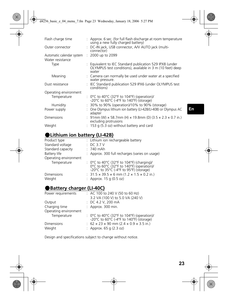Lithium ion battery (li-42b), Battery charger (li-40c) | Olympus Stylus 720 SW User Manual | Page 23 / 84