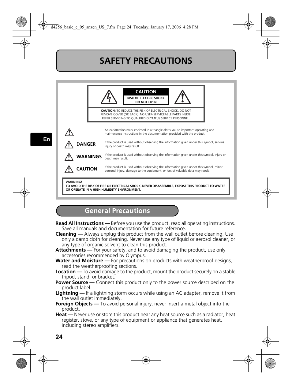 Safety precautions, General precautions | Olympus Stylus 720 SW User Manual | Page 24 / 84