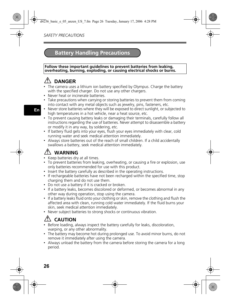 Battery handling precautions | Olympus Stylus 720 SW User Manual | Page 26 / 84