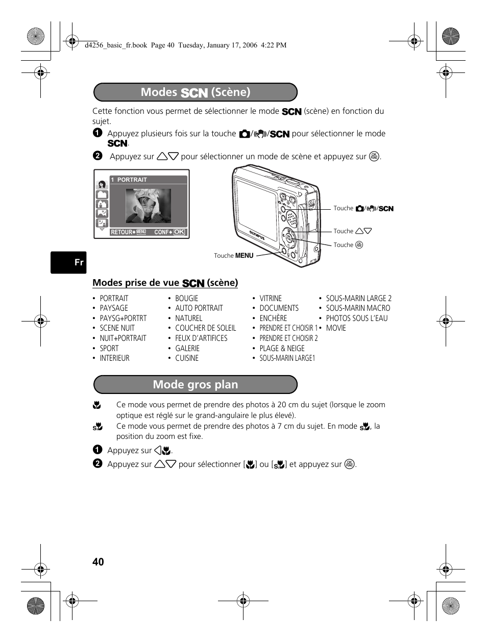 Modes s (scène), Mode gros plan | Olympus Stylus 720 SW User Manual | Page 40 / 84