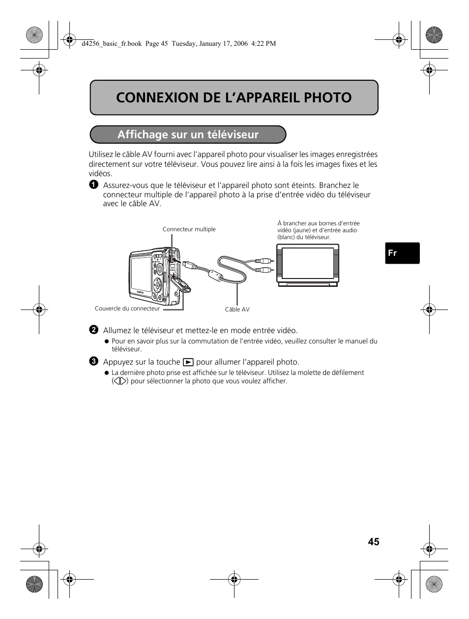 Connexion de l’appareil photo, Affichage sur un téléviseur | Olympus Stylus 720 SW User Manual | Page 45 / 84