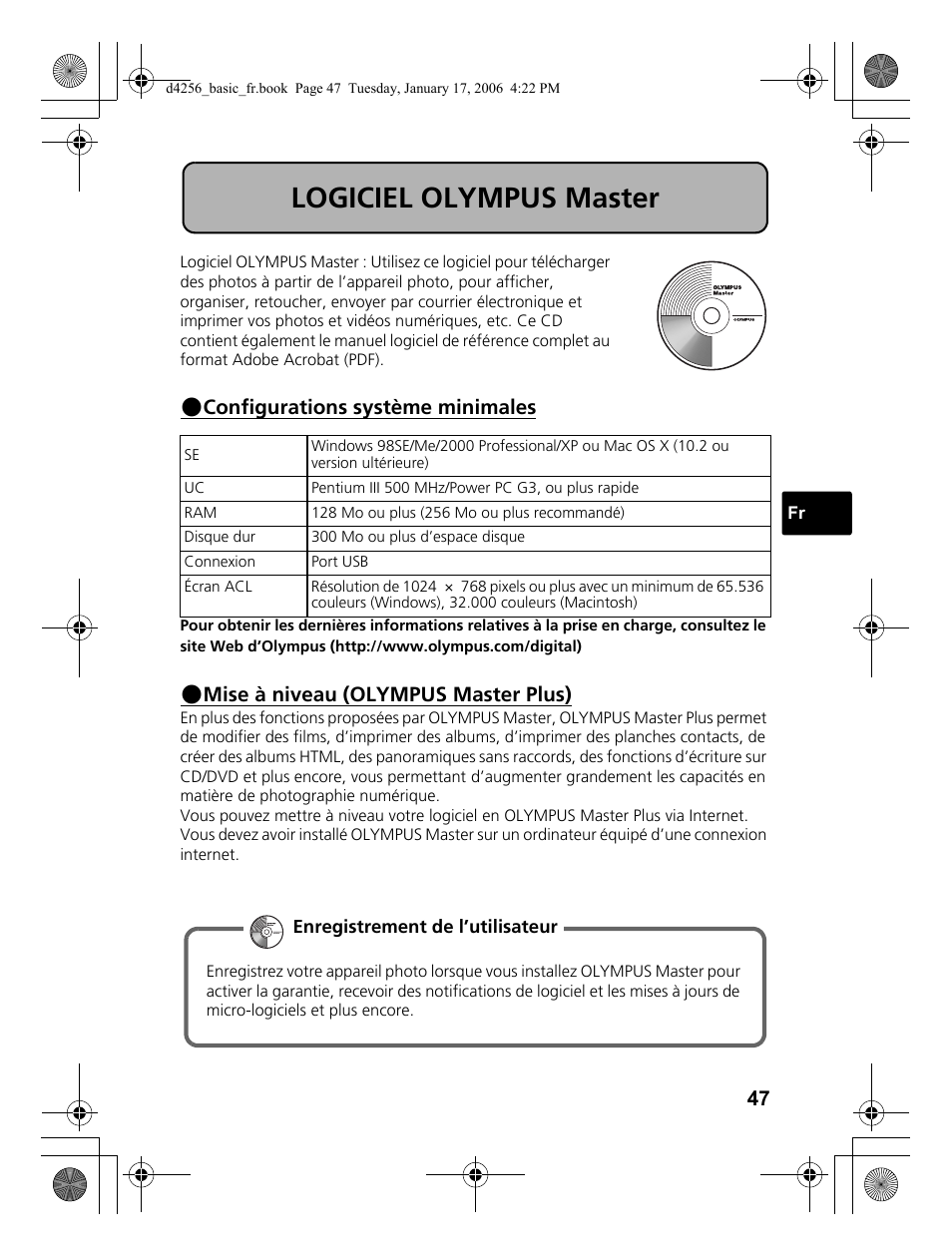 Logiciel olympus master, Configurations système minimales, Mise à niveau (olympus master plus) | Olympus Stylus 720 SW User Manual | Page 47 / 84