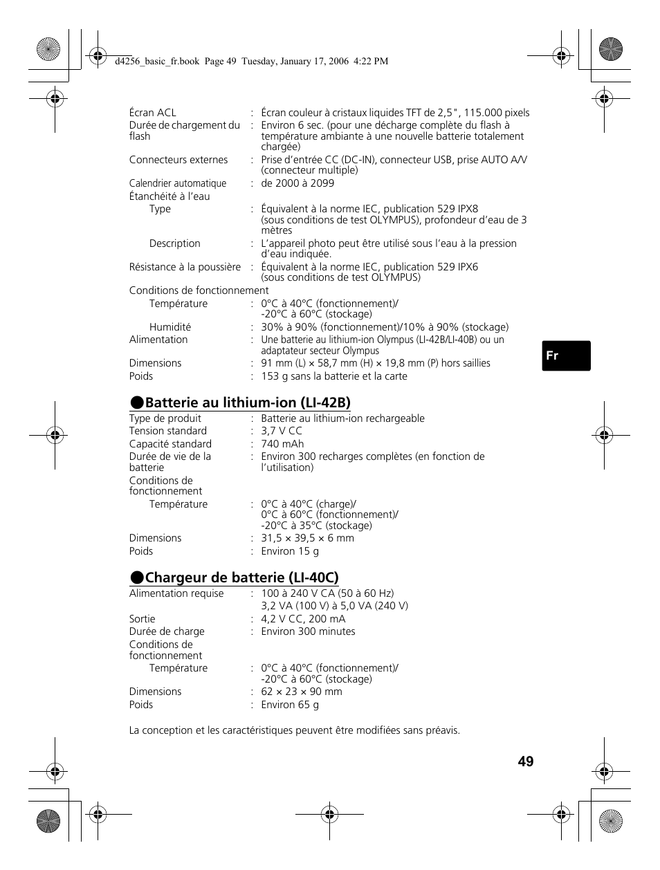 Batterie au lithium-ion (li-42b), Chargeur de batterie (li-40c) | Olympus Stylus 720 SW User Manual | Page 49 / 84