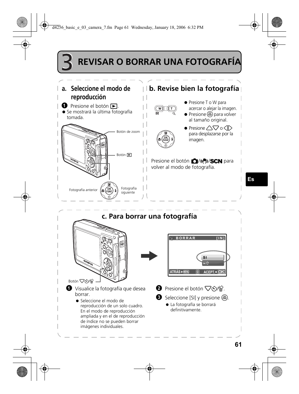 Revisar o borrar una fotografía, C. para borrar una fotografía | Olympus Stylus 720 SW User Manual | Page 61 / 84