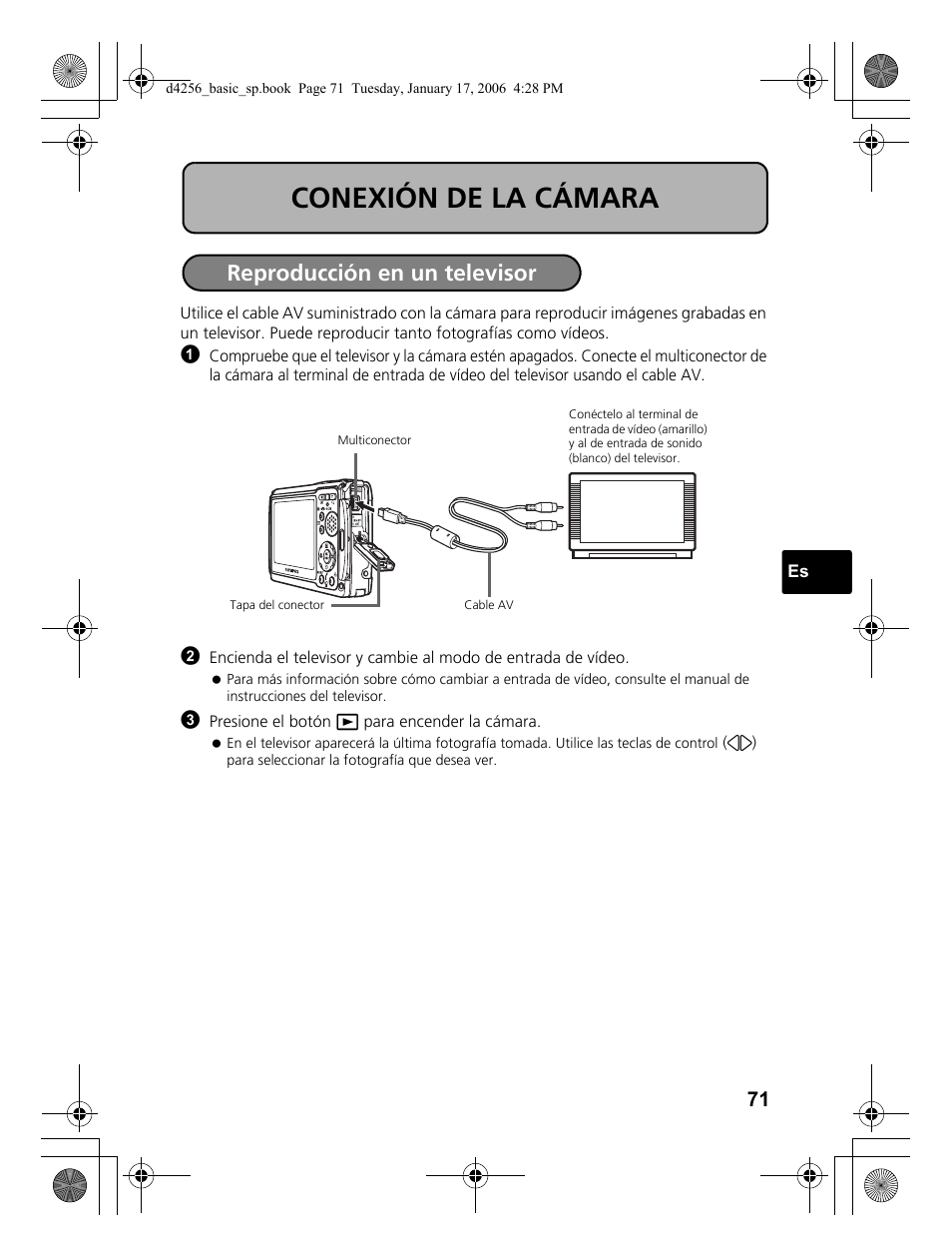Conexión de la cámara, Reproducción en un televisor | Olympus Stylus 720 SW User Manual | Page 71 / 84