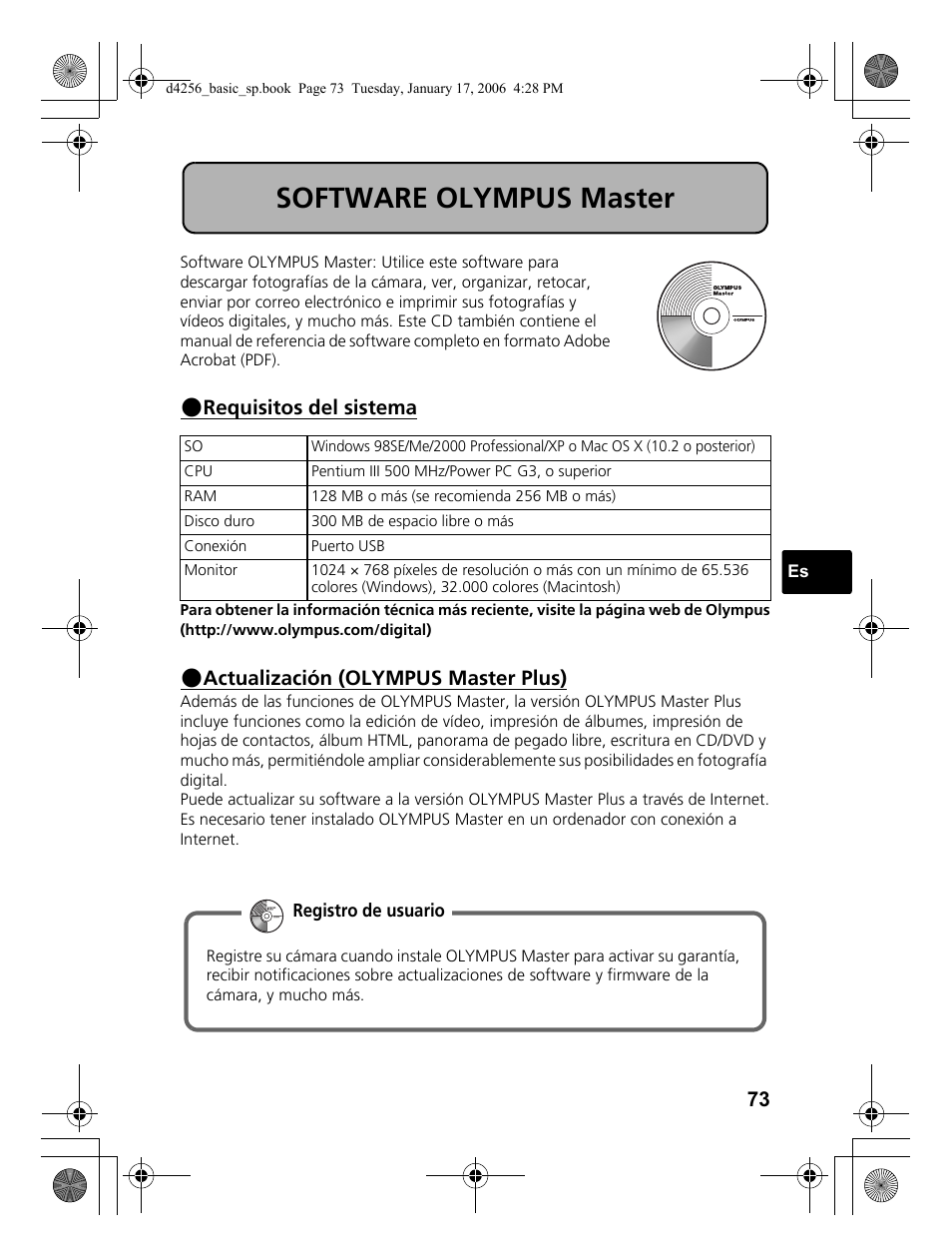 Software olympus master, Requisitos del sistema, Actualización (olympus master plus) | Olympus Stylus 720 SW User Manual | Page 73 / 84