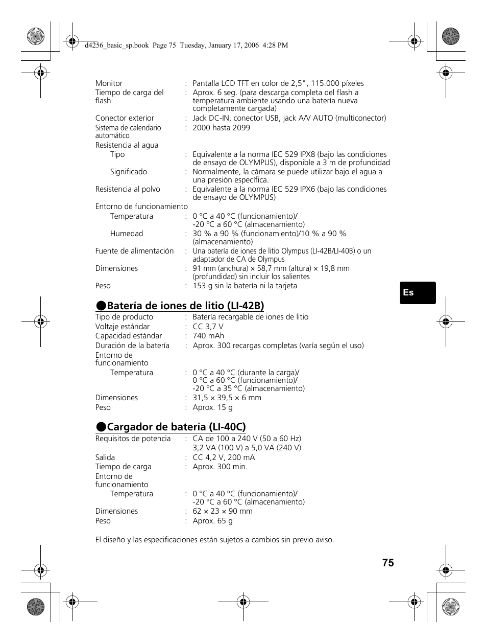 Batería de iones de litio (li-42b), Cargador de batería (li-40c) | Olympus Stylus 720 SW User Manual | Page 75 / 84
