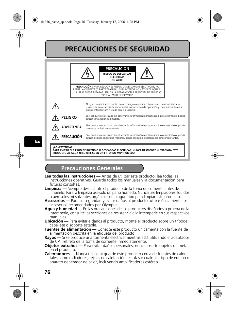 Precauciones de seguridad, Precauciones generales | Olympus Stylus 720 SW User Manual | Page 76 / 84