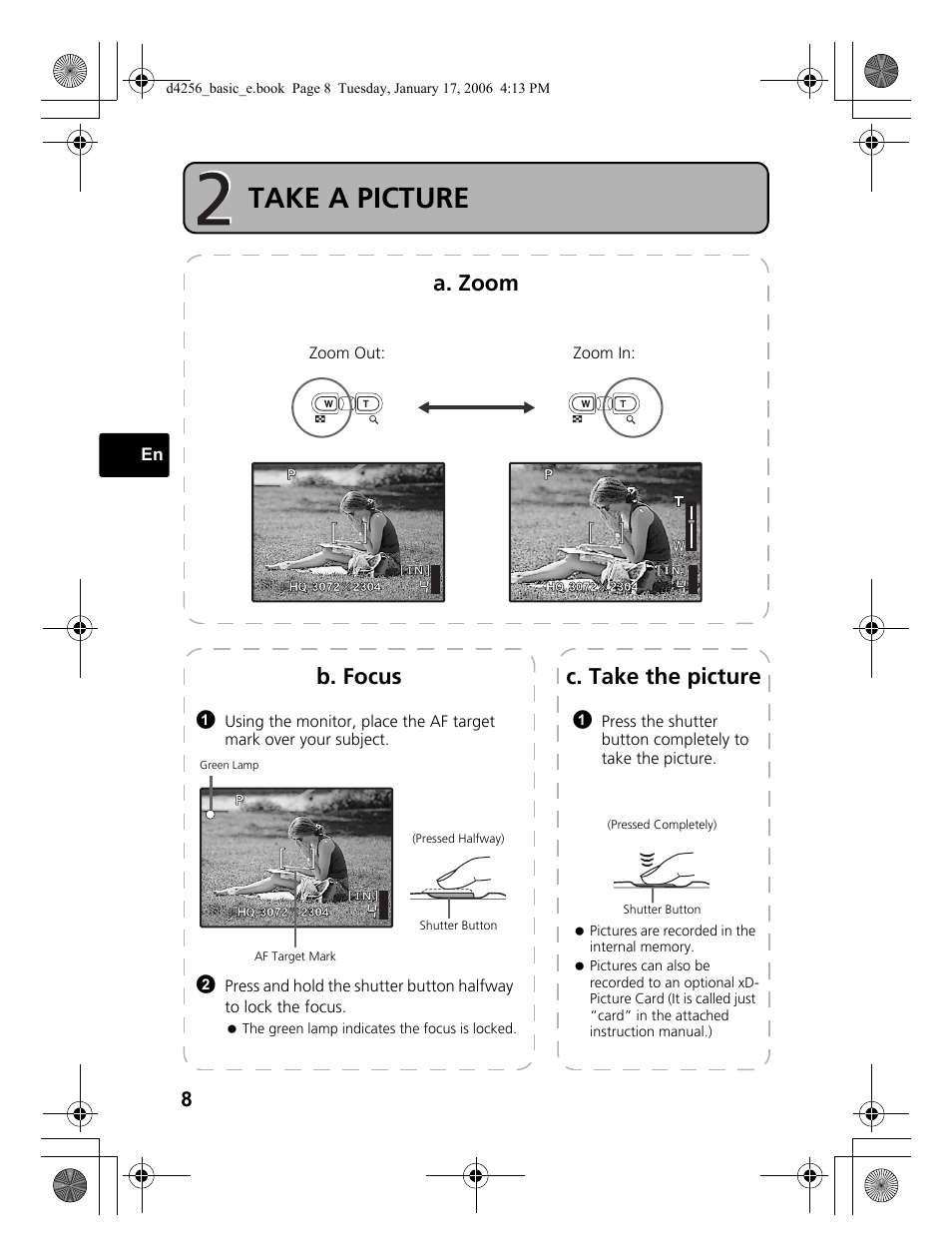 Take a picture, A. zoom, C. take the picture | B. focus | Olympus Stylus 720 SW User Manual | Page 8 / 84