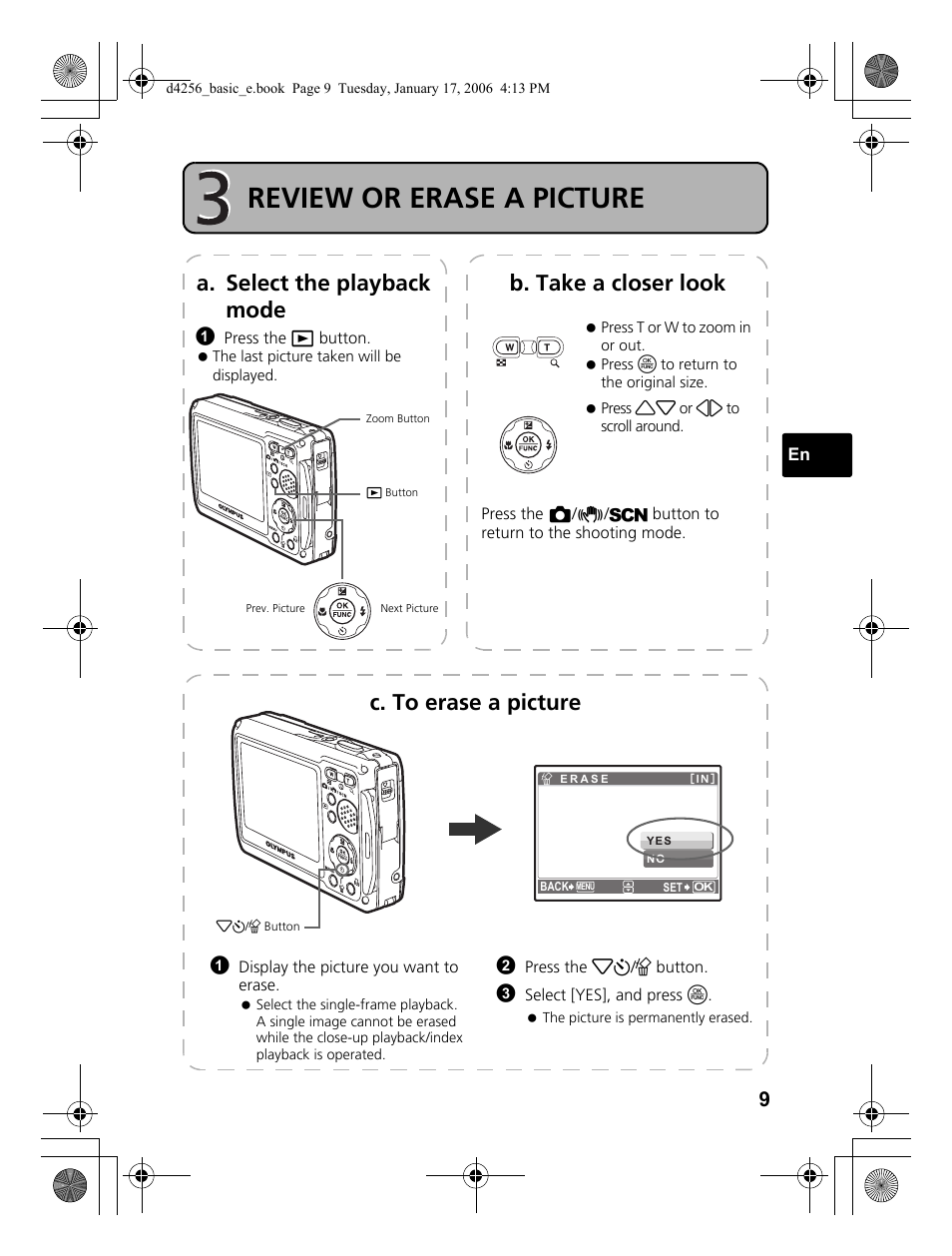Review or erase a picture, A. select the playback mode b. take a closer look, C. to erase a picture | Olympus Stylus 720 SW User Manual | Page 9 / 84