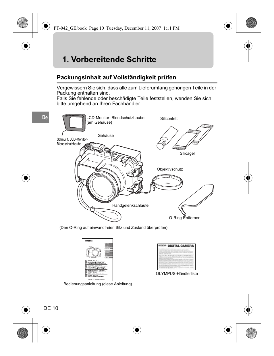 Vorbereitende schritte, Packungsinhalt auf vollständigkeit prüfen | Olympus PT-042 User Manual | Page 124 / 268