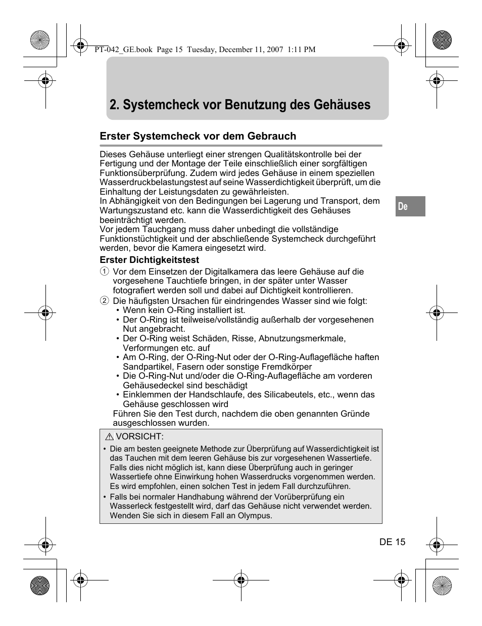 Systemcheck vor benutzung des gehäuses | Olympus PT-042 User Manual | Page 129 / 268