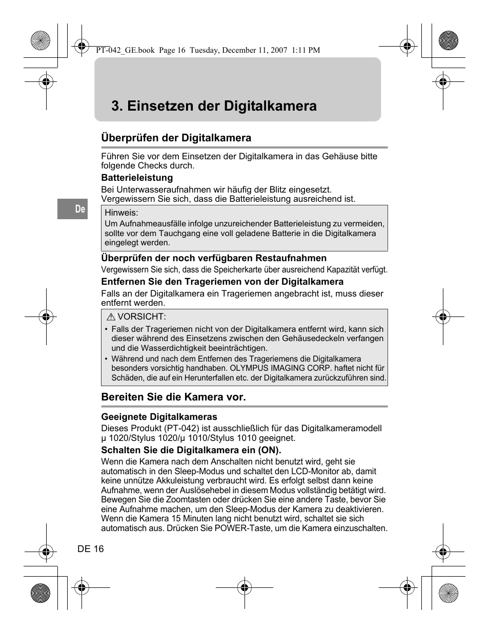 Einsetzen der digitalkamera | Olympus PT-042 User Manual | Page 130 / 268