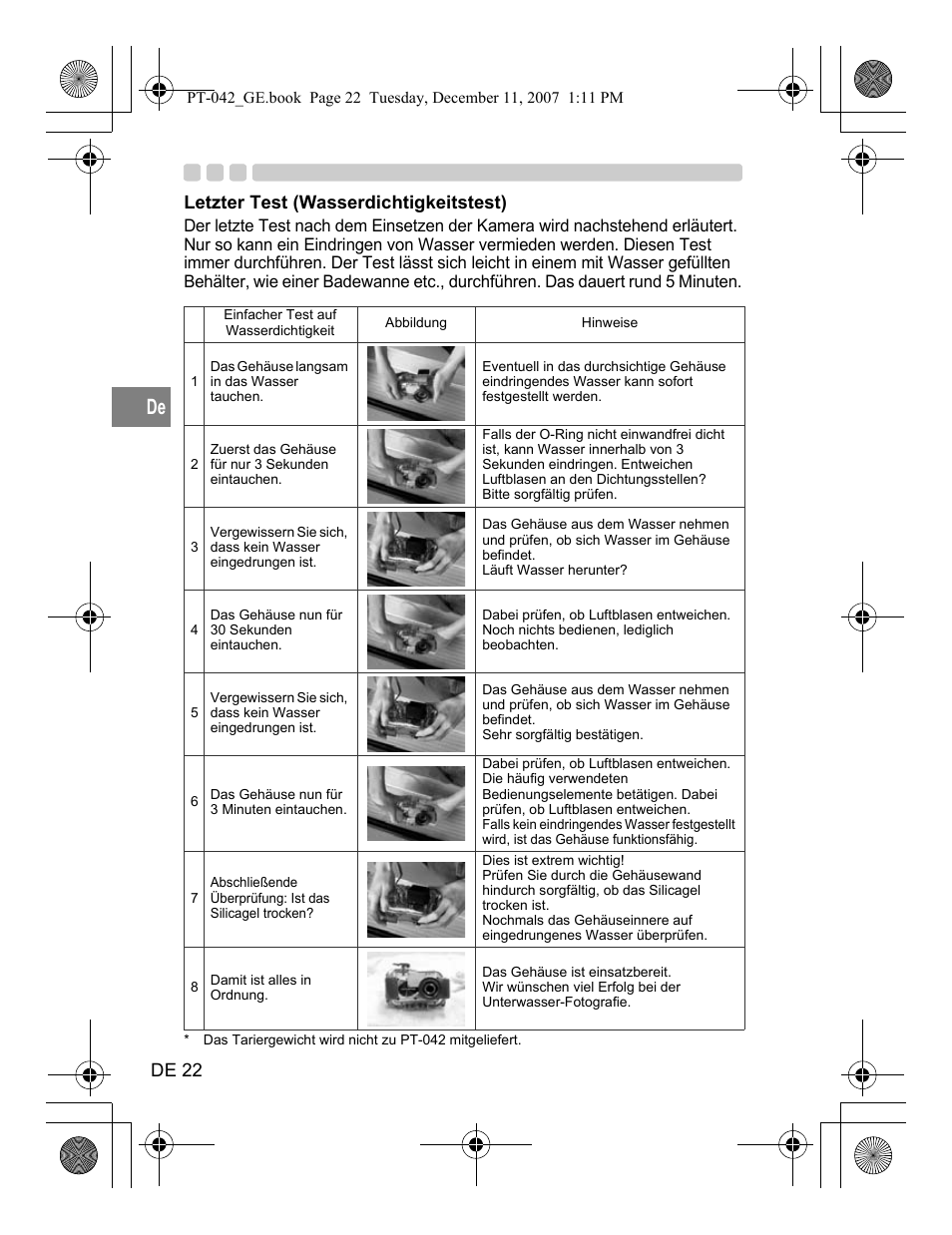 De 22, Letzter test (wasserdichtigkeitstest) | Olympus PT-042 User Manual | Page 136 / 268