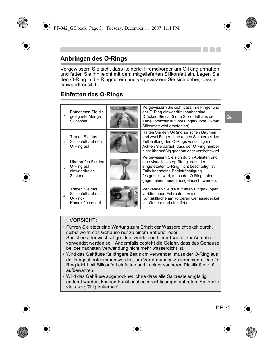 Anbringen des o-rings, Einfetten des o-rings | Olympus PT-042 User Manual | Page 145 / 268
