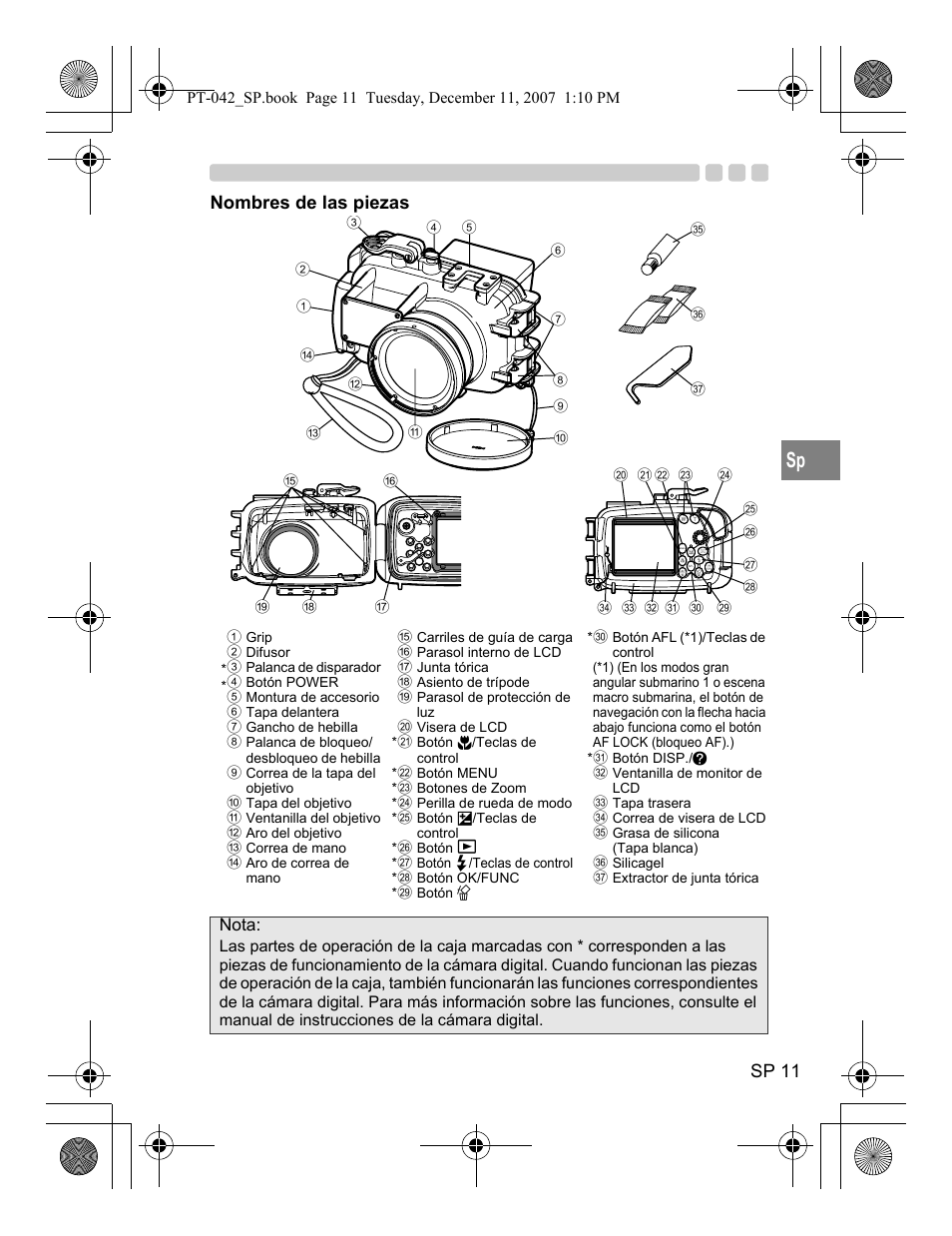 Sp 11, Nombres de las piezas, Nota | Olympus PT-042 User Manual | Page 163 / 268