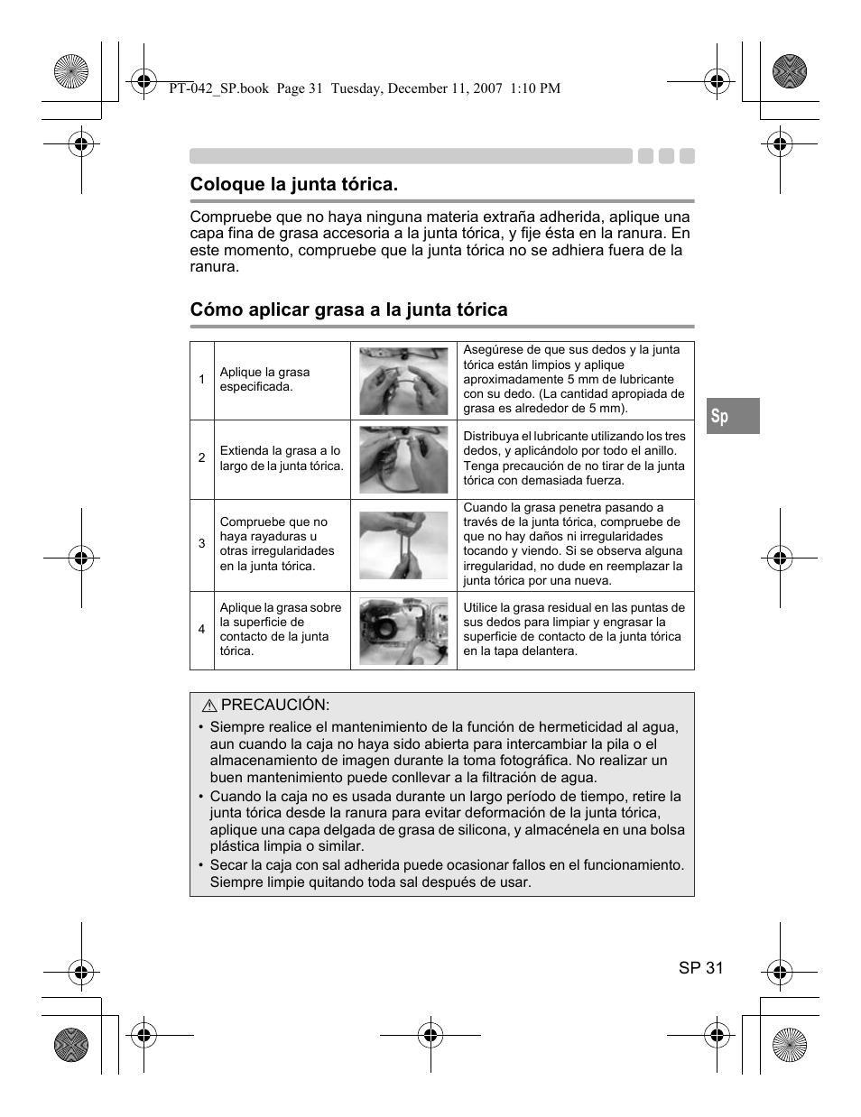 Coloque la junta tórica, Cómo aplicar grasa a la junta tórica | Olympus PT-042 User Manual | Page 183 / 268