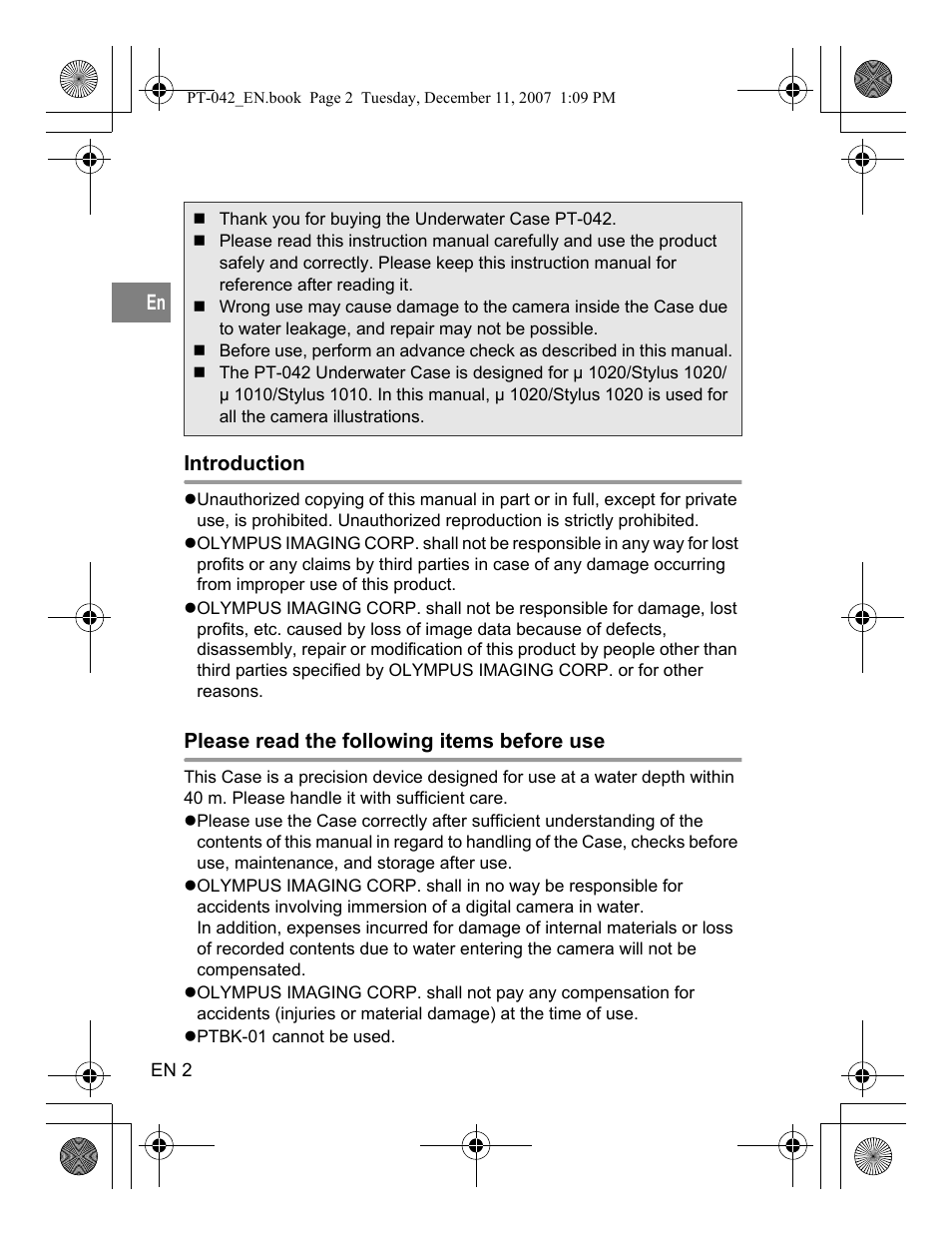 English, Introduction, Please read the following items before use | Olympus PT-042 User Manual | Page 40 / 268