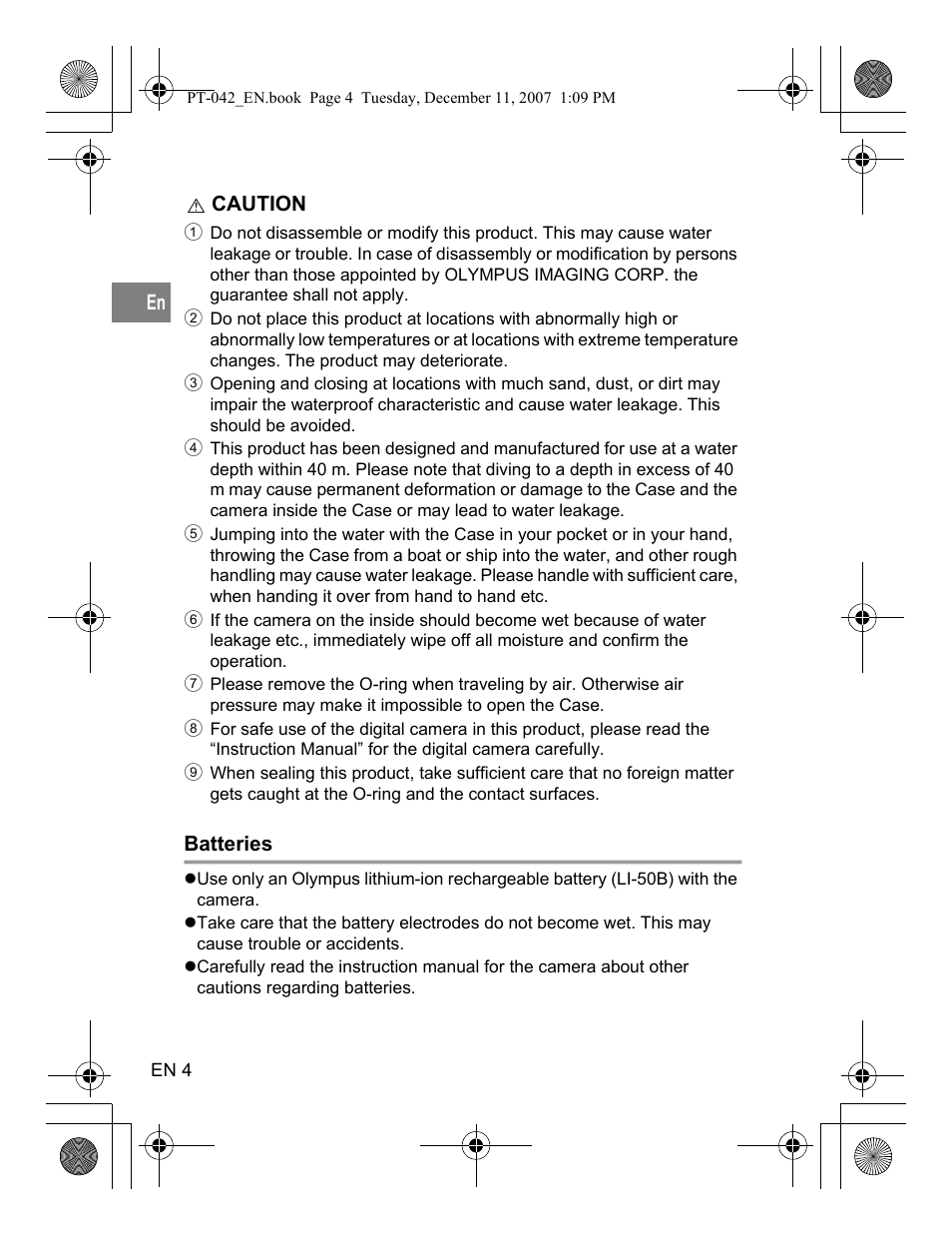 Batteries | Olympus PT-042 User Manual | Page 42 / 268