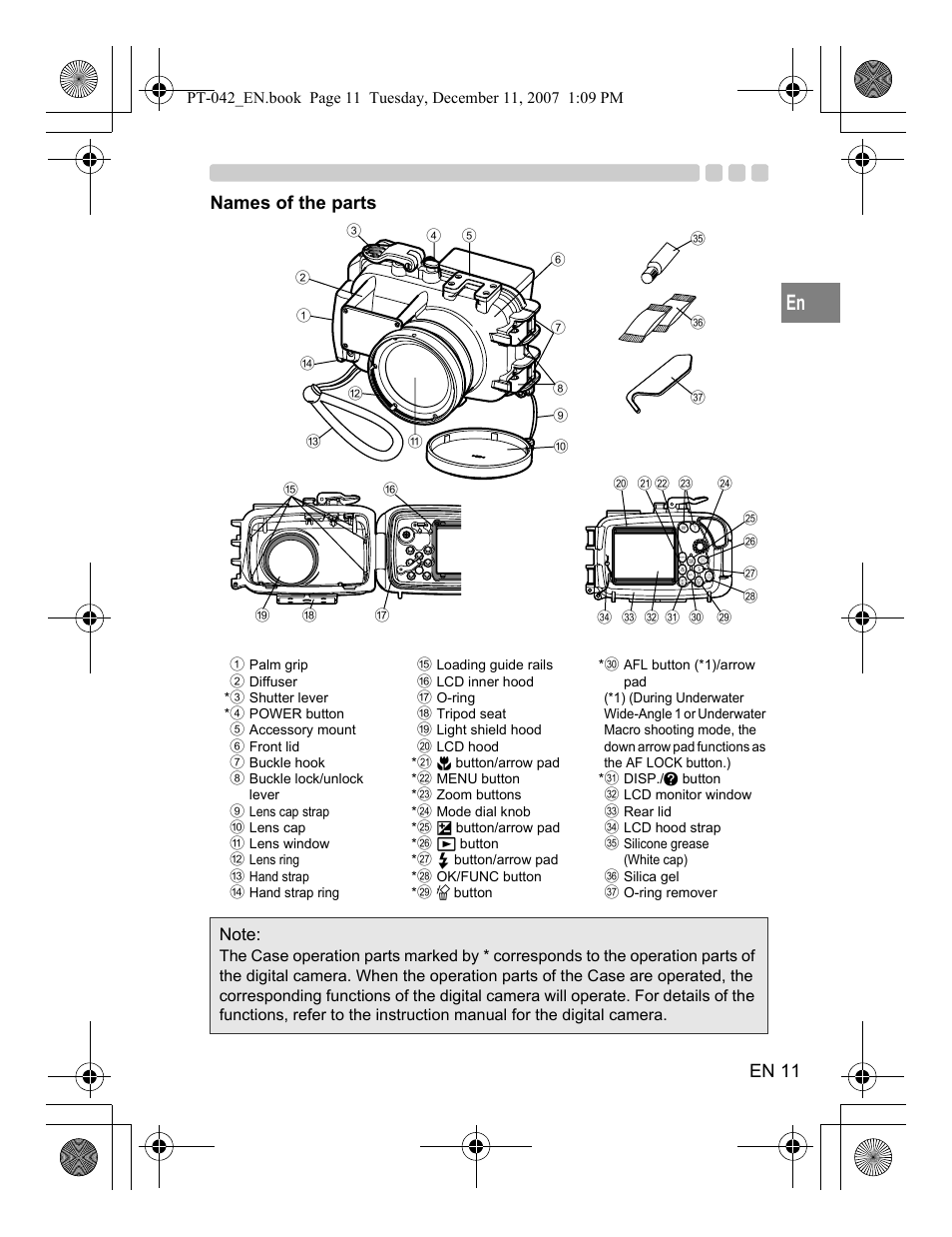 En 11, Names of the parts | Olympus PT-042 User Manual | Page 49 / 268