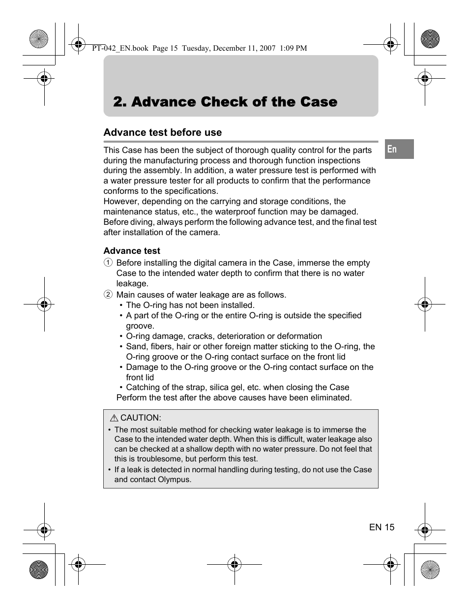 Advance check of the case, Advance test before use | Olympus PT-042 User Manual | Page 53 / 268