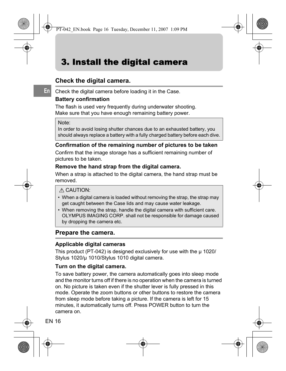 Install the digital camera, Check the digital camera, Prepare the camera | Olympus PT-042 User Manual | Page 54 / 268