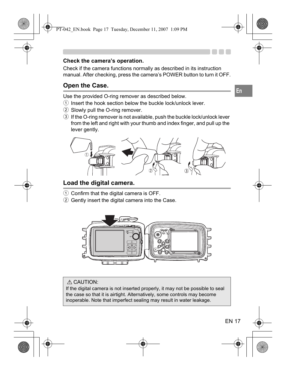 Open the case, Load the digital camera | Olympus PT-042 User Manual | Page 55 / 268