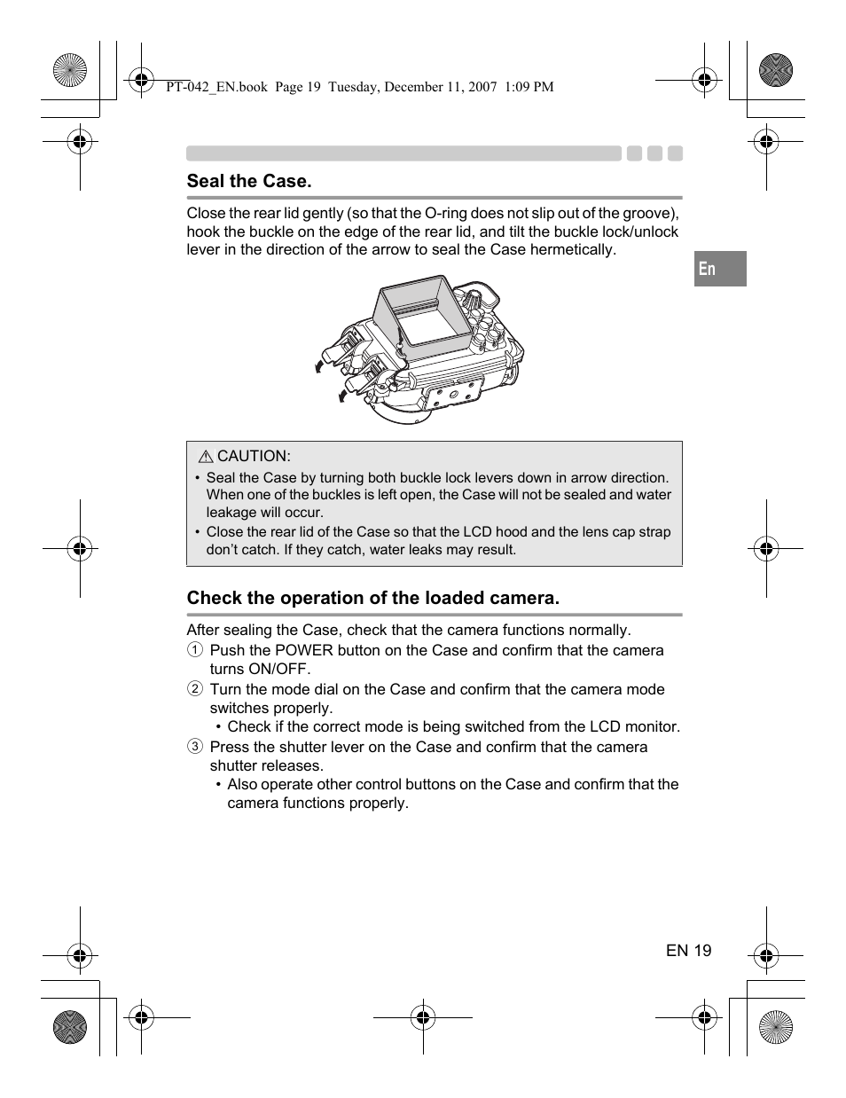 Seal the case, Check the operation of the loaded camera | Olympus PT-042 User Manual | Page 57 / 268