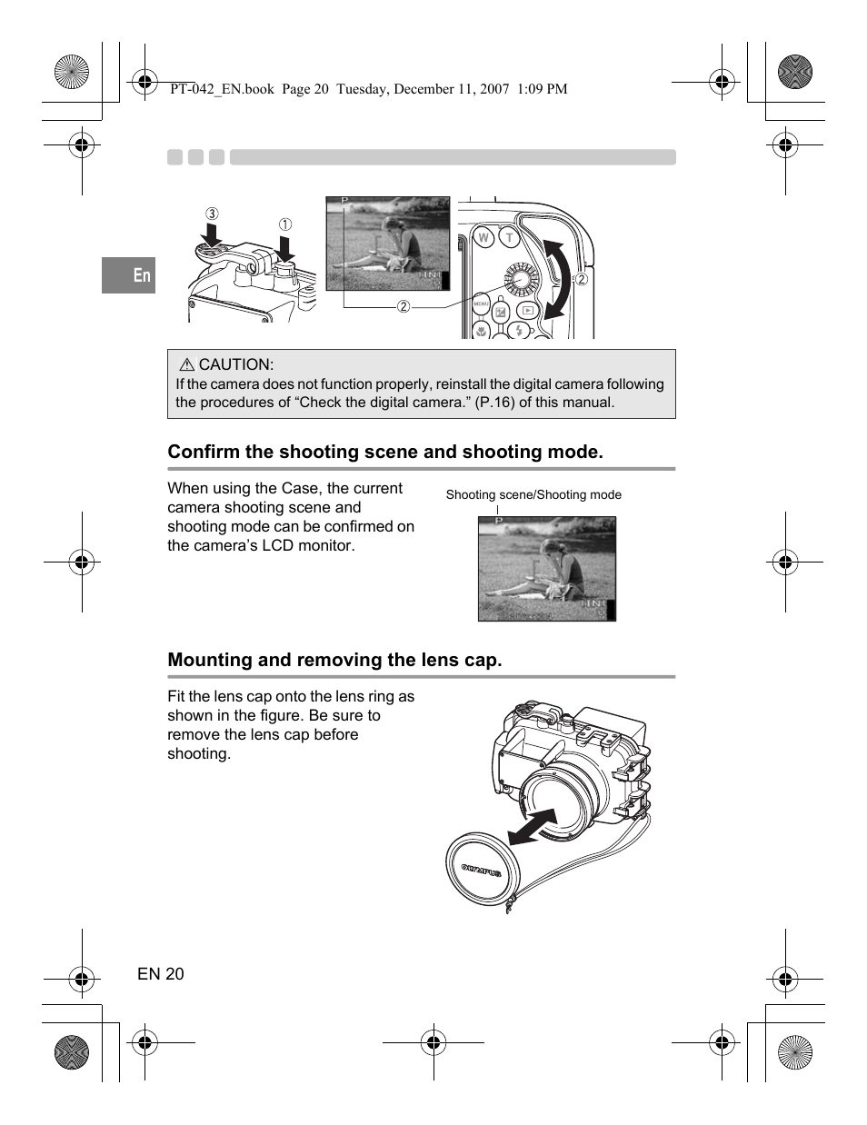 Confirm the shooting scene and shooting mode, Mounting and removing the lens cap | Olympus PT-042 User Manual | Page 58 / 268