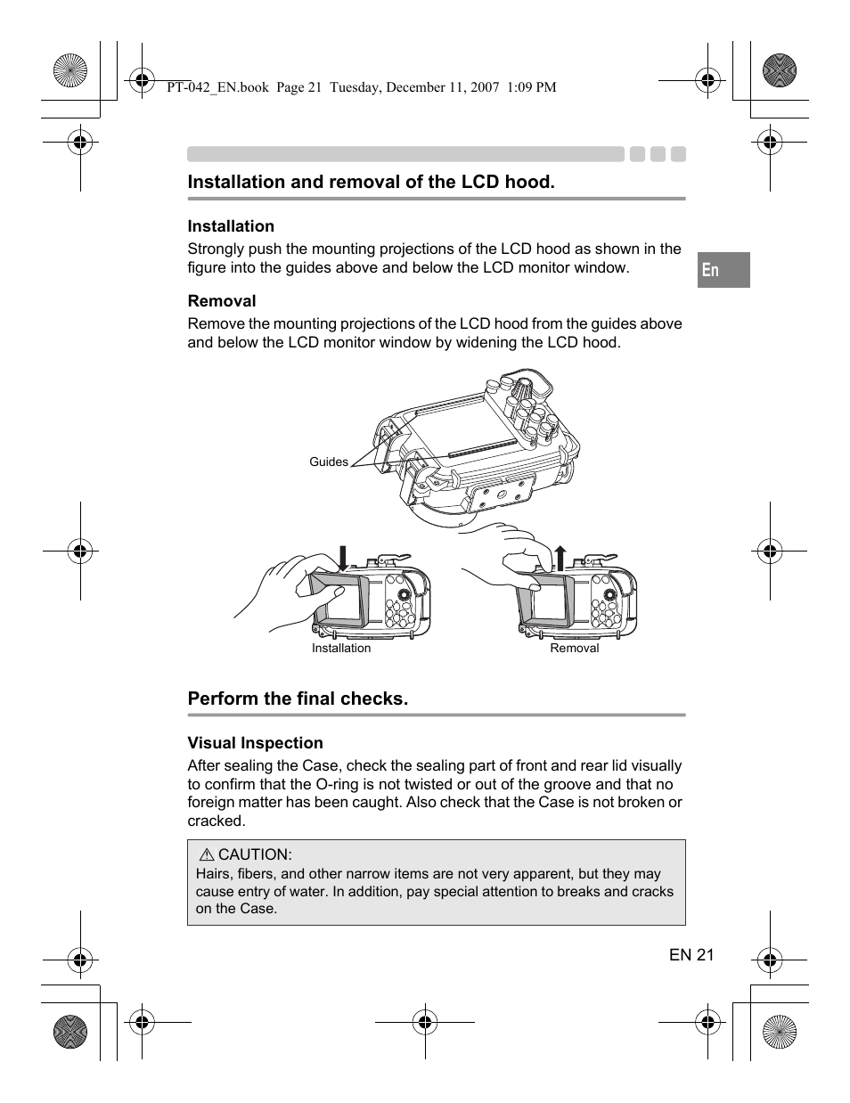 Installation and removal of the lcd hood, Perform the final checks | Olympus PT-042 User Manual | Page 59 / 268