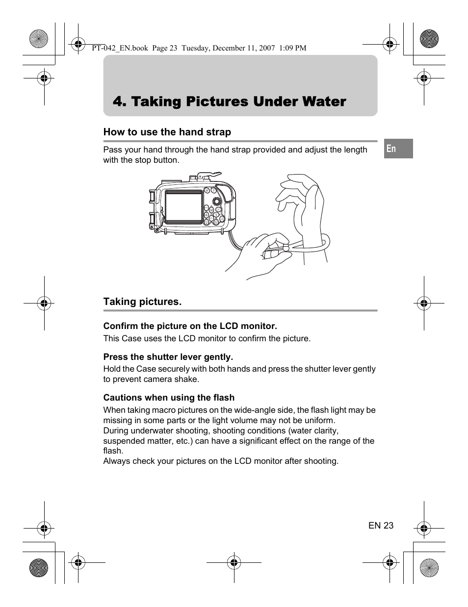 Taking pictures under water, How to use the hand strap, Taking pictures | Olympus PT-042 User Manual | Page 61 / 268