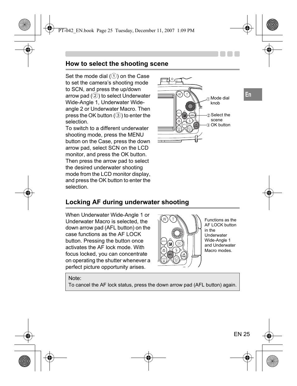 How to select the shooting scene, Locking af during underwater shooting | Olympus PT-042 User Manual | Page 63 / 268