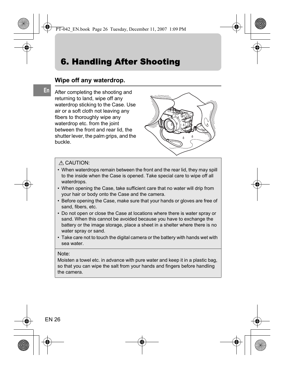 Handling after shooting, Wipe off any waterdrop | Olympus PT-042 User Manual | Page 64 / 268